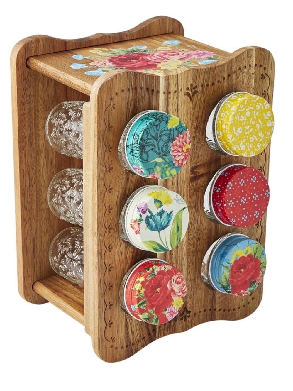 The Pioneer Woman Sweet Rose Acacia Wood Spice Rack with Glass Decorative Jars